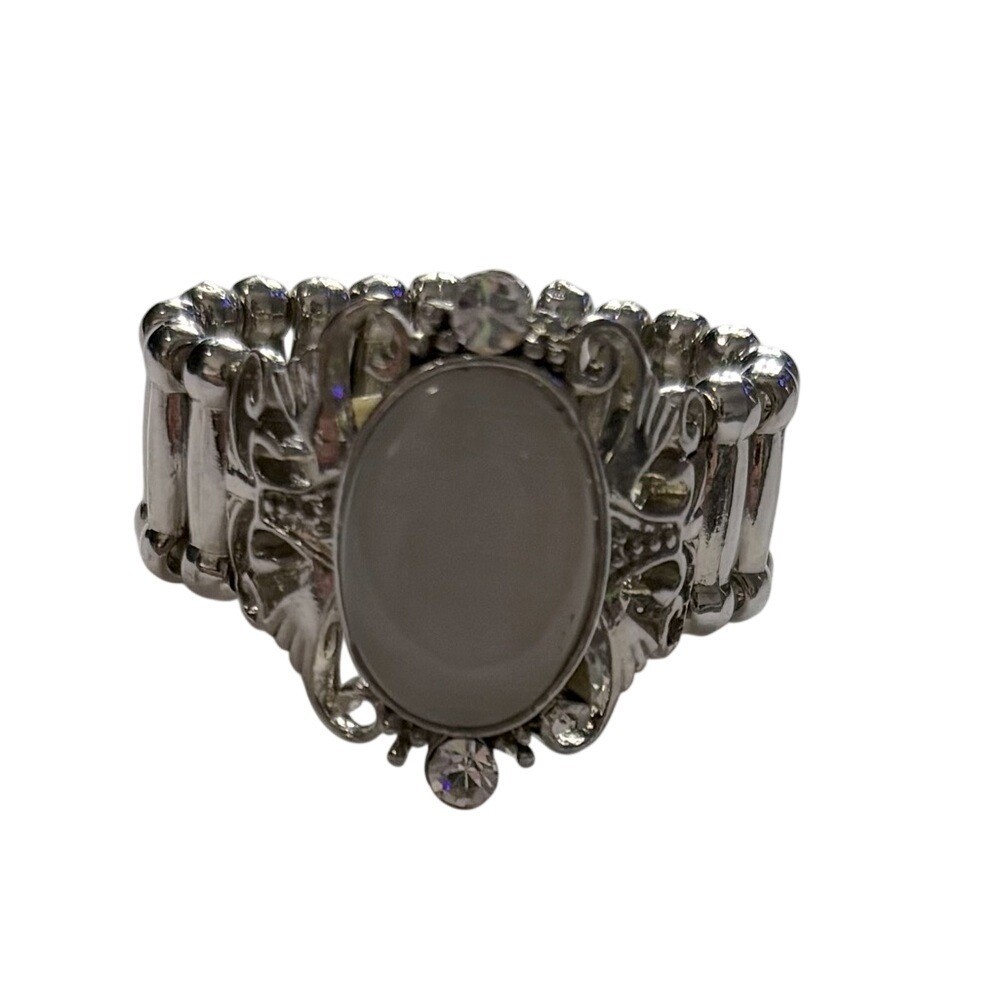 Silver Tone Stretch Ring With Light Colored Stone & 2 Rhinestones Women's OS - Picture 1 of 3